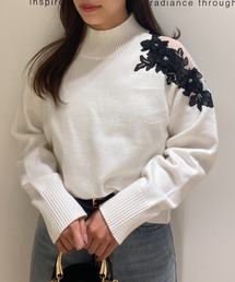 Apuweiser-riche 半袖3Dフラワー刺繍ニット Apuweiser-riche - Apuweiser-riche 3Dフラワーモチーフ刺繍