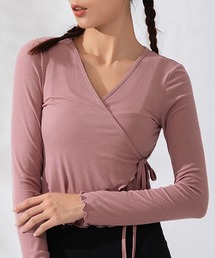 DAY CLOSET(デイ クローゼット)のレディース 長袖カシュクール風メロウフリルクロップドヨガウェアトップス ピラティス(インナーウェア/肌着)