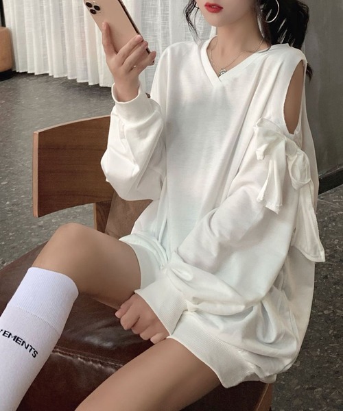 SHEPP(シープ)の「オープンショルダー リボントップス(Tシャツ/カットソー・レディース・ホワイト/ブラック・S/M)」の5枚目の写真