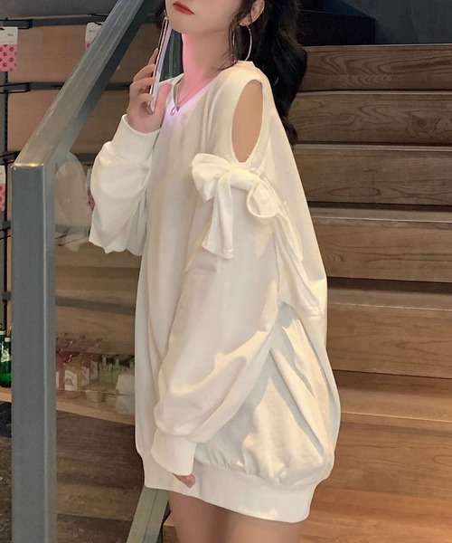 SHEPP(シープ)の「オープンショルダー リボントップス(Tシャツ/カットソー・レディース・ホワイト/ブラック・S/M)」の6枚目の写真
