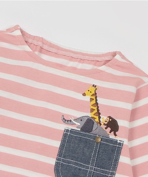 kladskap（クレードスコープ）の「ポケットからアニマルボーダー長袖ワンピース（ワンピース・キッズ・ピンク/オフホワイト・100cm/90cm/110cm/120cm/80ｃｍ）」の5枚目の写真
