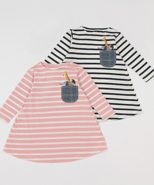 kladskap（クレードスコープ）の「ポケットからアニマルボーダー長袖ワンピース（ワンピース・キッズ・ピンク/オフホワイト・100cm/90cm/110cm/120cm/80ｃｍ）」の3枚目の写真