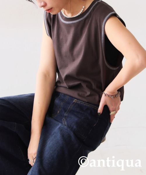 antiqua（アンティカ）の「配色ステッチタンクトップ（タンクトップ・レディース・ブラウン系その他/ホワイト×ホワイト/ブラック×パープル/ブラック×ブラック/グリーン系その他/ホワイト×ネイビー・LXL/ML）」の5枚目の写真