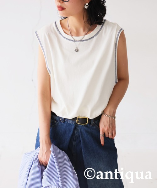 antiqua（アンティカ）の「配色ステッチタンクトップ（タンクトップ・レディース・ブラウン系その他/ホワイト×ホワイト/ブラック×パープル/ブラック×ブラック/グリーン系その他/ホワイト×ネイビー・LXL/ML）」の3枚目の写真