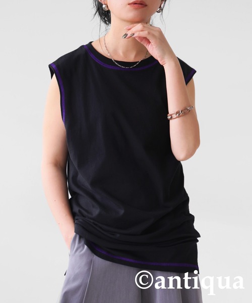 antiqua（アンティカ）の「配色ステッチタンクトップ（タンクトップ・レディース・ブラウン系その他/ホワイト×ホワイト/ブラック×パープル/ブラック×ブラック/グリーン系その他/ホワイト×ネイビー・LXL/ML）」の21枚目の写真