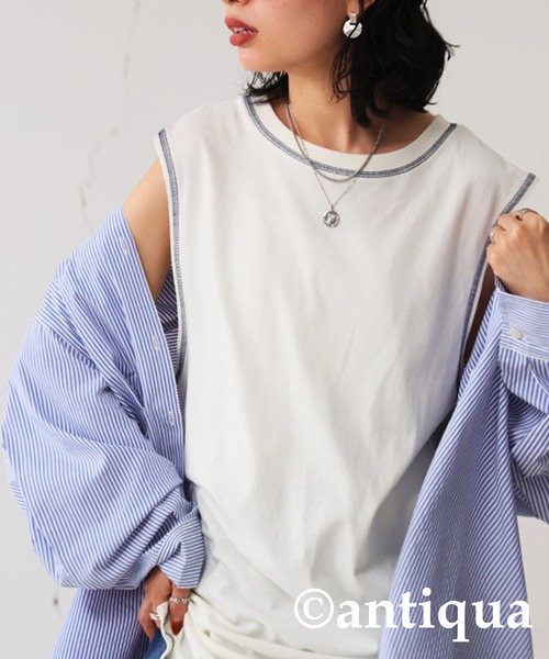 antiqua（アンティカ）の「配色ステッチタンクトップ（タンクトップ・レディース・ブラウン系その他/ホワイト×ホワイト/ブラック×パープル/ブラック×ブラック/グリーン系その他/ホワイト×ネイビー・LXL/ML）」の8枚目の写真