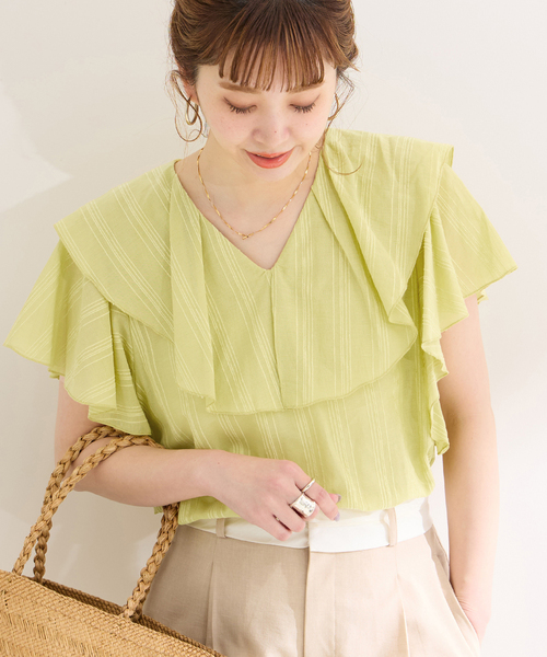 B.C STOCK（ベーセーストック）の「モールストライプフリルブラウス（シャツ/ブラウス・レディース・ブラック/オレンジ/イエロー/ホワイト・FREE）」の3枚目の写真