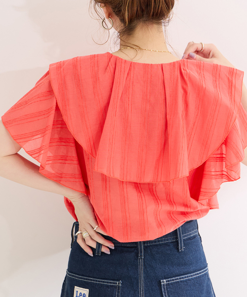 B.C STOCK（ベーセーストック）の「モールストライプフリルブラウス（シャツ/ブラウス・レディース・ブラック/オレンジ/イエロー/ホワイト・FREE）」の4枚目の写真