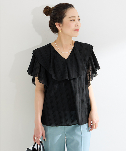 B.C STOCK（ベーセーストック）の「モールストライプフリルブラウス（シャツ/ブラウス・レディース・ブラック/オレンジ/イエロー/ホワイト・FREE）」の9枚目の写真