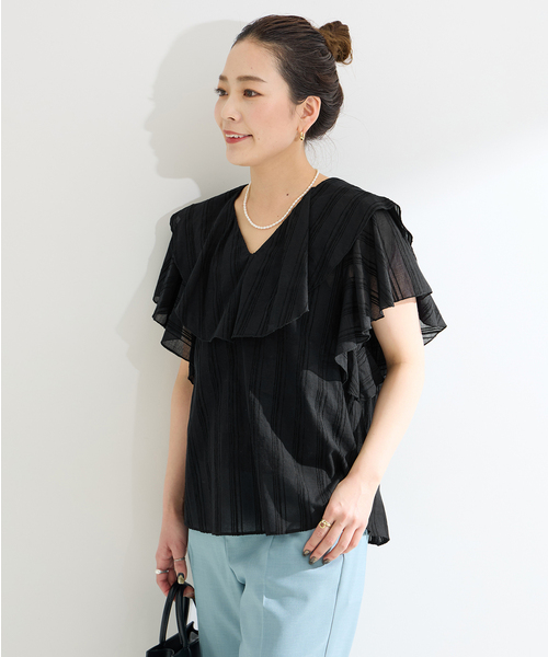 B.C STOCK（ベーセーストック）の「モールストライプフリルブラウス（シャツ/ブラウス・レディース・ブラック/オレンジ/イエロー/ホワイト・FREE）」の10枚目の写真