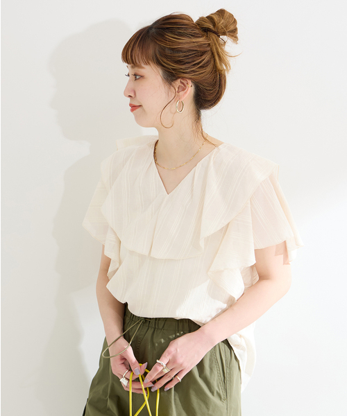 B.C STOCK（ベーセーストック）の「モールストライプフリルブラウス（シャツ/ブラウス・レディース・ブラック/オレンジ/イエロー/ホワイト・FREE）」の19枚目の写真