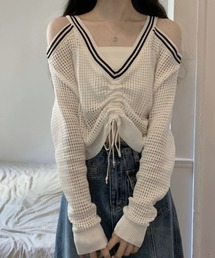 透かし編み肩出しニットトップス