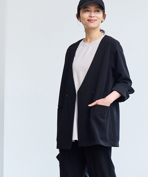 coen（コーエン）の「§【RONEL】ジョーゼットノーカラージャケット(セットアップ対応可能)（ノーカラージャケット・レディース・ネイビー/ブラック/ライトグレー・S/M/L）」の4枚目の写真