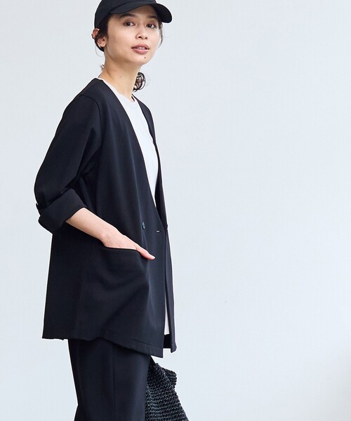 coen（コーエン）の「§【RONEL】ジョーゼットノーカラージャケット(セットアップ対応可能)（ノーカラージャケット・レディース・ネイビー/ブラック/ライトグレー・S/M/L）」の5枚目の写真