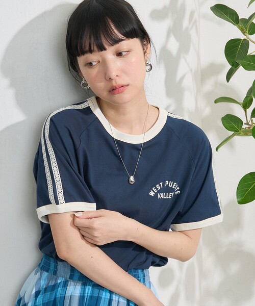 FREAK'S STORE(フリークスストア)の「レースライン リンガーTシャツ(Tシャツ/カットソー・レディース・オフホワイト/チャコールグレー/ネイビー/イエロー・フリ-)」の3枚目の写真