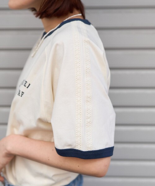 FREAK'S STORE(フリークスストア)の「レースライン リンガーTシャツ(Tシャツ/カットソー・レディース・オフホワイト/チャコールグレー/ネイビー/イエロー・フリ-)」の8枚目の写真