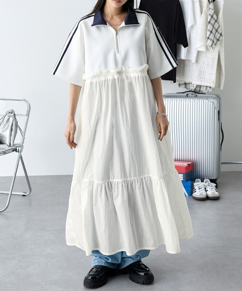 MONO-MART(モノマート)の「ハーフジップサイドライン異素材トラックワンピース(ワンピース・レディース・スミクロ/ダークネイビー/オフホワイト・FREE)」の15枚目の写真