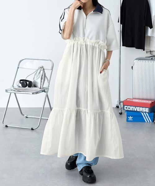 MONO-MART(モノマート)の「ハーフジップサイドライン異素材トラックワンピース(ワンピース・レディース・スミクロ/ダークネイビー/オフホワイト・FREE)」の16枚目の写真