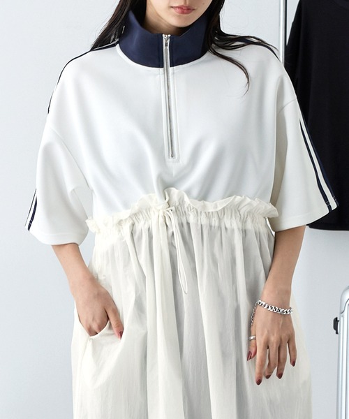 MONO-MART(モノマート)の「ハーフジップサイドライン異素材トラックワンピース(ワンピース・レディース・スミクロ/ダークネイビー/オフホワイト・FREE)」の19枚目の写真