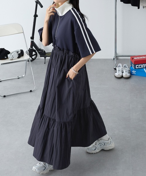 MONO-MART(モノマート)の「ハーフジップサイドライン異素材トラックワンピース(ワンピース・レディース・スミクロ/ダークネイビー/オフホワイト・FREE)」の20枚目の写真