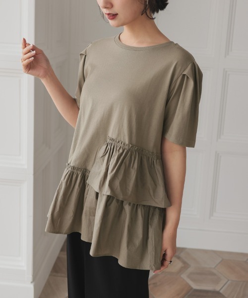 DONOBAN（ドノバン）の「フリルヘムTEE（Tシャツ/カットソー・レディース・ブラック/グレイッシュベージュ/ホワイト/ネイビー・FREE）」の3枚目の写真