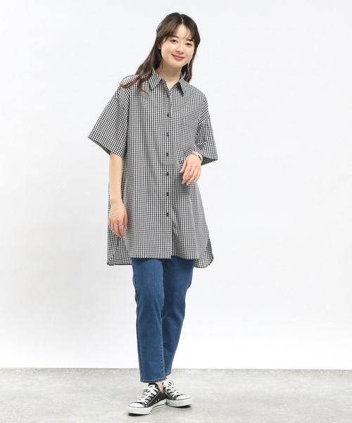 GLOBAL WORK Smile Seed Store（グローバルワーク スマイルシードストア）の「オーバーサイズシャツ半袖/976994（シャツ/ブラウス・レディース・オフホワイト/チェック/ブルー系その他/その他/ブラック/ブルー系その他5/ブルー系その他4・SMALL/LARGE/MEDIUM/X-LARGE）」の12枚目の写真