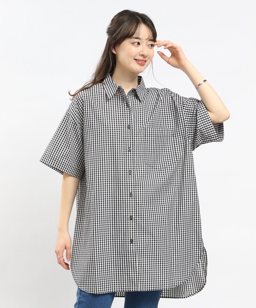GLOBAL WORK Smile Seed Store（グローバルワーク スマイルシードストア）の「オーバーサイズシャツ半袖/976994（シャツ/ブラウス・レディース・オフホワイト/チェック/ブルー系その他/その他/ブラック/ブルー系その他5/ブルー系その他4・SMALL/LARGE/MEDIUM/X-LARGE）」の14枚目の写真