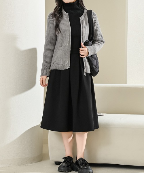 セール】クルーネック ダブルジップ 長袖 リブ ニット カーディガン