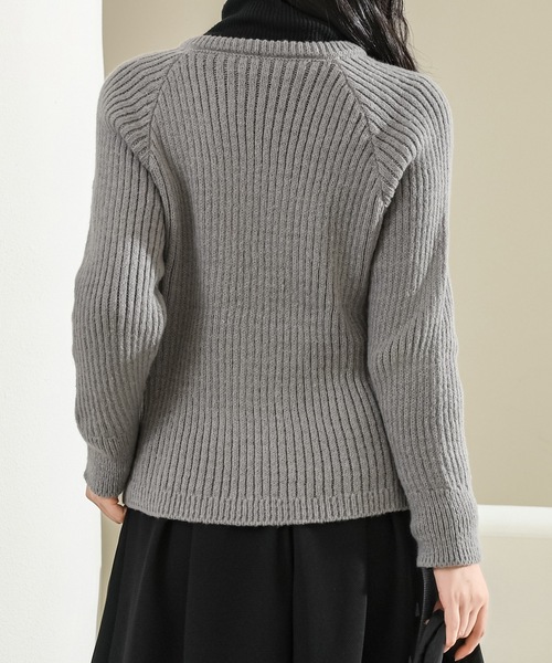 セール】クルーネック ダブルジップ 長袖 リブ ニット カーディガン