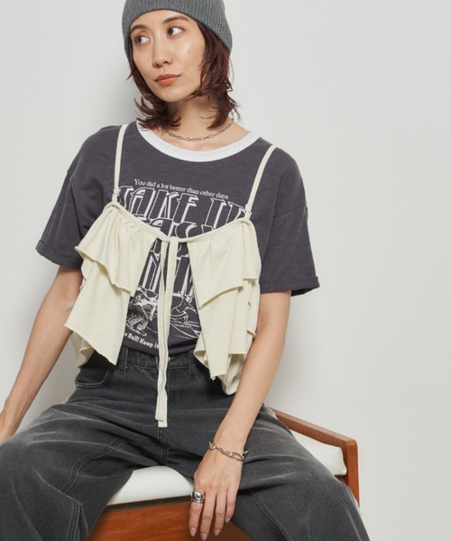 Auntie Rosa Holiday(アンティローザホリデー)の「ピグメント2WAYフリルキャミ(キャミソール・レディース・チャコールグレー/ナチュラル・FREE)」の3枚目の写真