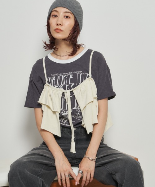 Auntie Rosa Holiday(アンティローザホリデー)の「ピグメント2WAYフリルキャミ(キャミソール・レディース・チャコールグレー/ナチュラル・FREE)」の4枚目の写真