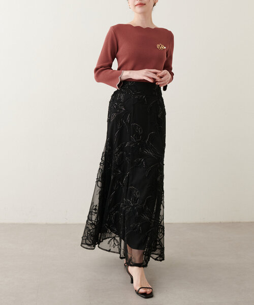 長さ変えれる大柄フラワー刺繍レーススカート（スカート）｜natural