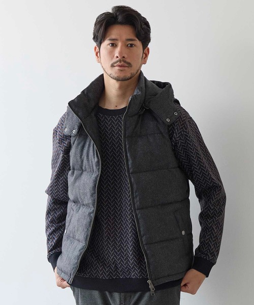 UNION STATION（ユニオンステーション）の「メランジプリントヘリンボンフード着脱スタンドカラー中綿ベスト（ダウンベスト・メンズ・ブラック/ネイビー・M/L/LL）」の3枚目の写真