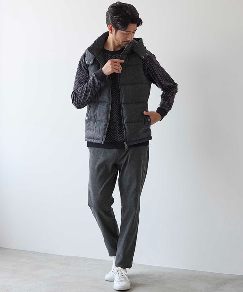 UNION STATION（ユニオンステーション）の「メランジプリントヘリンボンフード着脱スタンドカラー中綿ベスト（ダウンベスト・メンズ・ブラック/ネイビー・M/L/LL）」の7枚目の写真