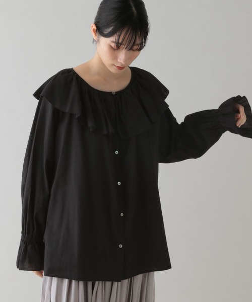 コットンリネン　フリルブラウス 黒 studio CLIP（スタディオクリップ）の「《natural by clip》コットン