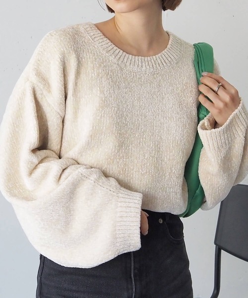 tiptop(ティップトップ)の「ラメベロアモールショート丈プルオーバー(ニット/セーター・レディース・アイボリー/ブラック/サックスブルー/ネイビー/イエロー/ピンク・FREE)」の2枚目の写真