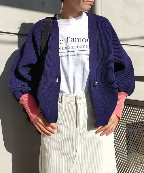 Q（キュー）の「BIGボタン 片畦ドルマンカーデ（カーディガン/ボレロ・レディース・アイボリー/ラベンダー/ネイビー・MEDIUM）」の4枚目の写真