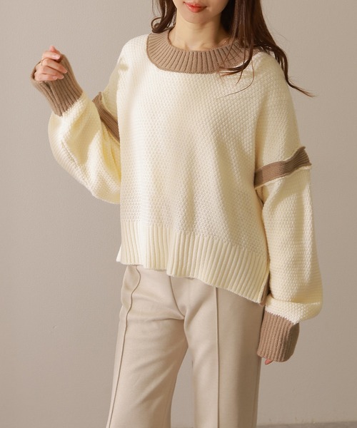 Lace Ladies(レースレディース)の「配色 ライン サイド スリット ニット プルオーバー(ニット/セーター・レディース・ブラック/アイボリー/グレイッシュベージュ・FREE/S)」の1枚目の写真