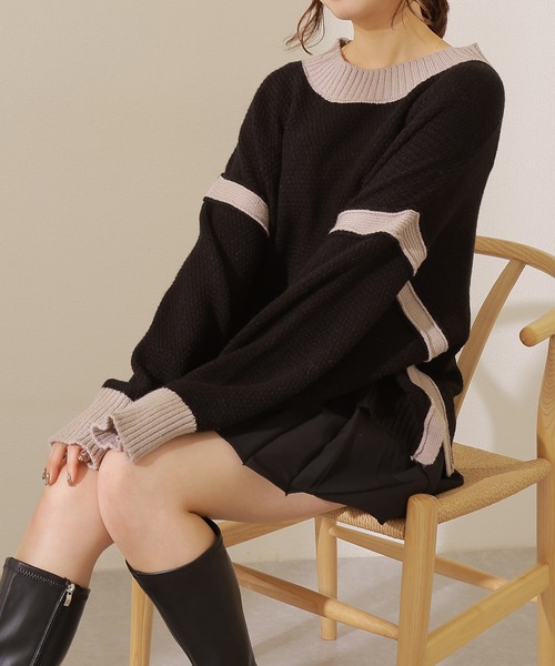 Lace Ladies(レースレディース)の「配色 ライン サイド スリット ニット プルオーバー(ニット/セーター・レディース・ブラック/アイボリー/グレイッシュベージュ・FREE/S)」の8枚目の写真