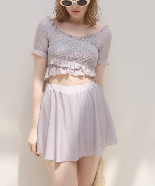 mellowneon（メロウネオン）の「3wayシャーリングチェック水着（水着・レディース・グレー/ベージュ・FREE）」の2枚目の写真