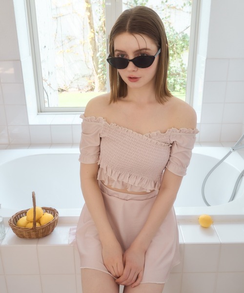 mellowneon（メロウネオン）の「3wayシャーリングチェック水着（水着・レディース・グレー/ベージュ・FREE）」の6枚目の写真