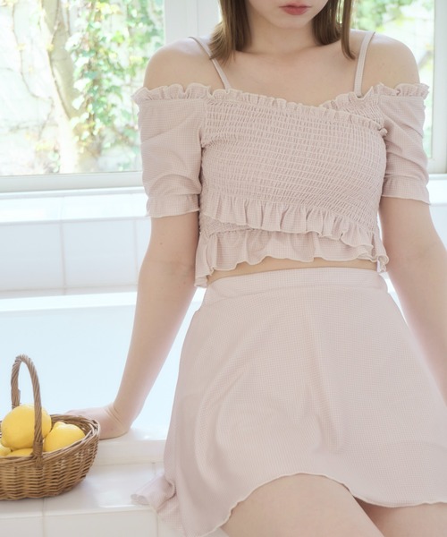 mellowneon（メロウネオン）の「3wayシャーリングチェック水着（水着・レディース・グレー/ベージュ・FREE）」の15枚目の写真