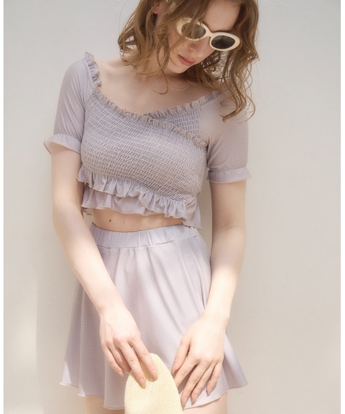 mellowneon（メロウネオン）の「3wayシャーリングチェック水着（水着・レディース・グレー/ベージュ・FREE）」の10枚目の写真