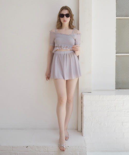 mellowneon（メロウネオン）の「3wayシャーリングチェック水着（水着・レディース・グレー/ベージュ・FREE）」の13枚目の写真