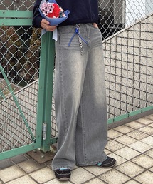 【ユニセックス】合皮パッチステッチストレートデニムパンツ