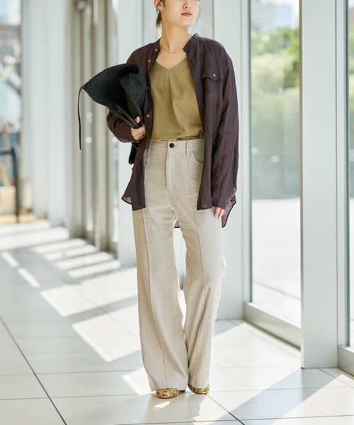 IENA LA BOUCLE リネン混ストレッチタイトフレアーパンツ
