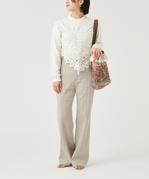 IENA LA BOUCLE リネン混ストレッチタイトフレアーパンツ