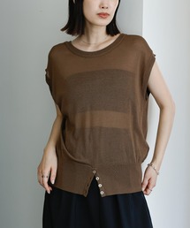 【Et】Double-Front Slit Button Sheer Knit Tops