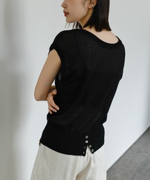 【Et】Double-Front Slit Button Sheer Knit Tops