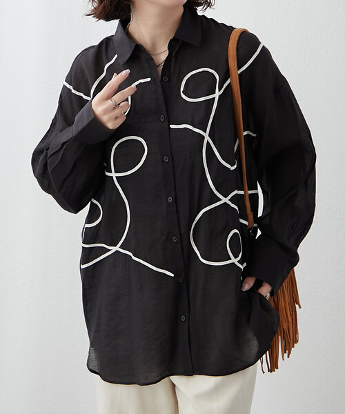 シャツ/ブラウス(長袖/七分) MM6 - Nyxu / Wave shirt 幾何学柄シフォンブラウス 七分袖 レディース(M グリーン): 東京